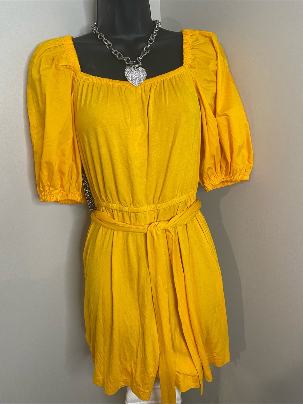 New York & Company Yellow Puff-Sleeve Belted Romper Shorts